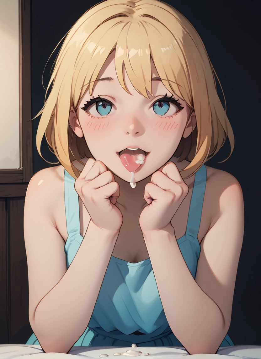 1girl, blonde hair, solo, blue eyes, cum in mouth, cum