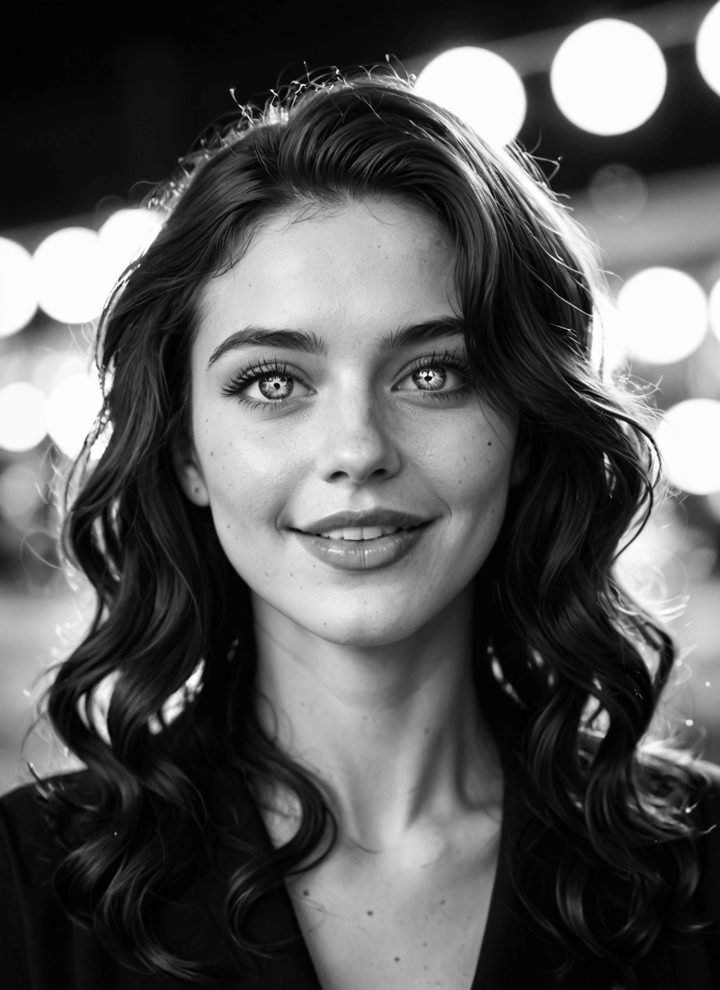 1girl, greyscale, monochrome, solo, freckles, smile · Yamete.gg