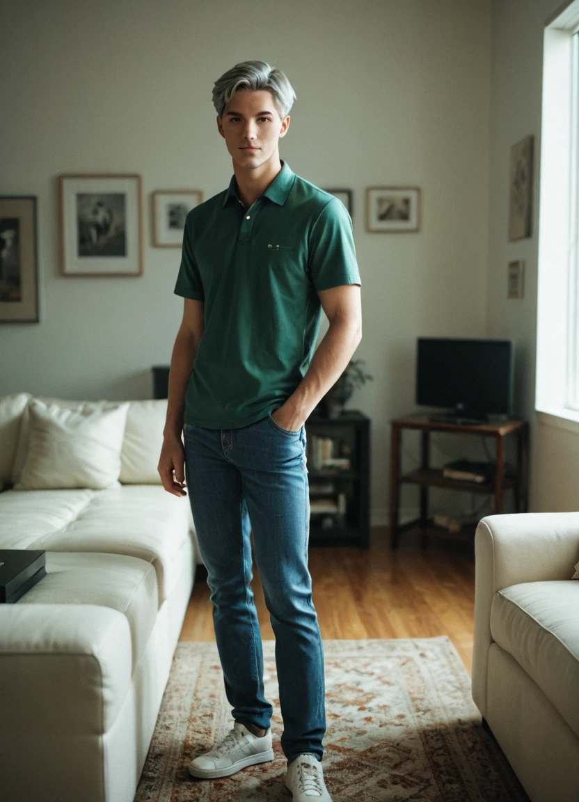 1boy, male focus, solo, indoors, denim, couch · Yamete.gg