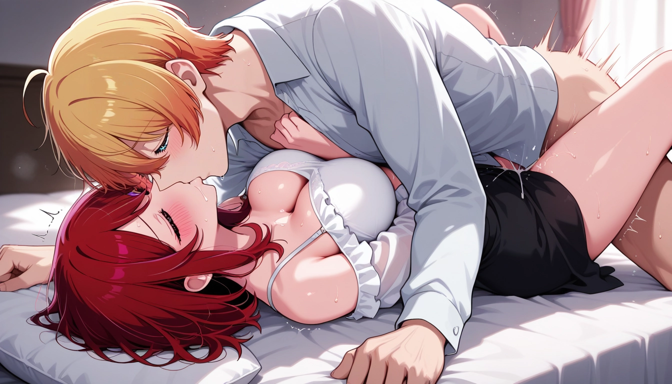 1girl, breasts, hetero, red hair, kiss, 1boy · Yamete.gg
