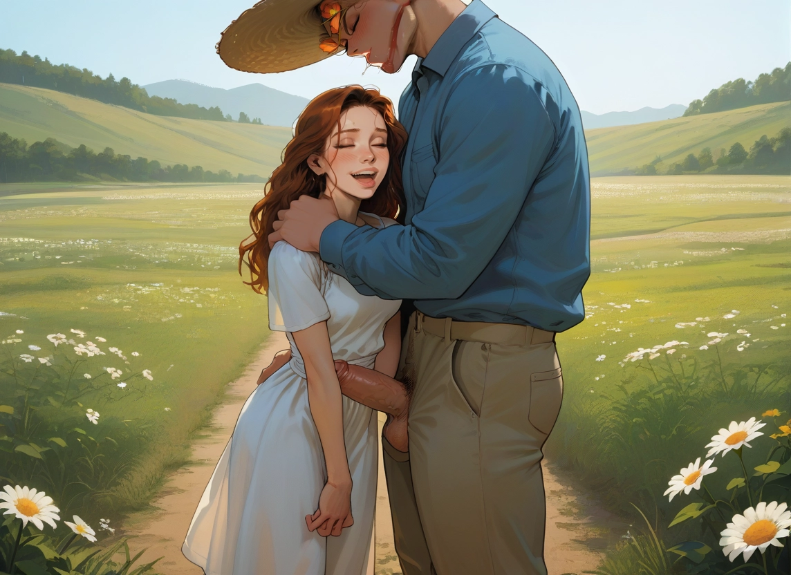 1girl, 1boy, outdoors, dress, penis, flower · Yamete.gg
