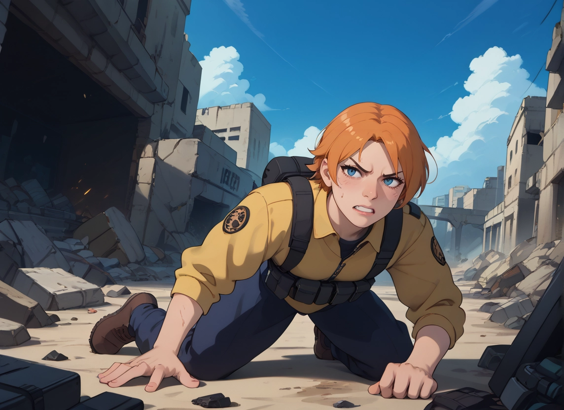 blue eyes, solo, short hair, orange hair, teeth, outdoors