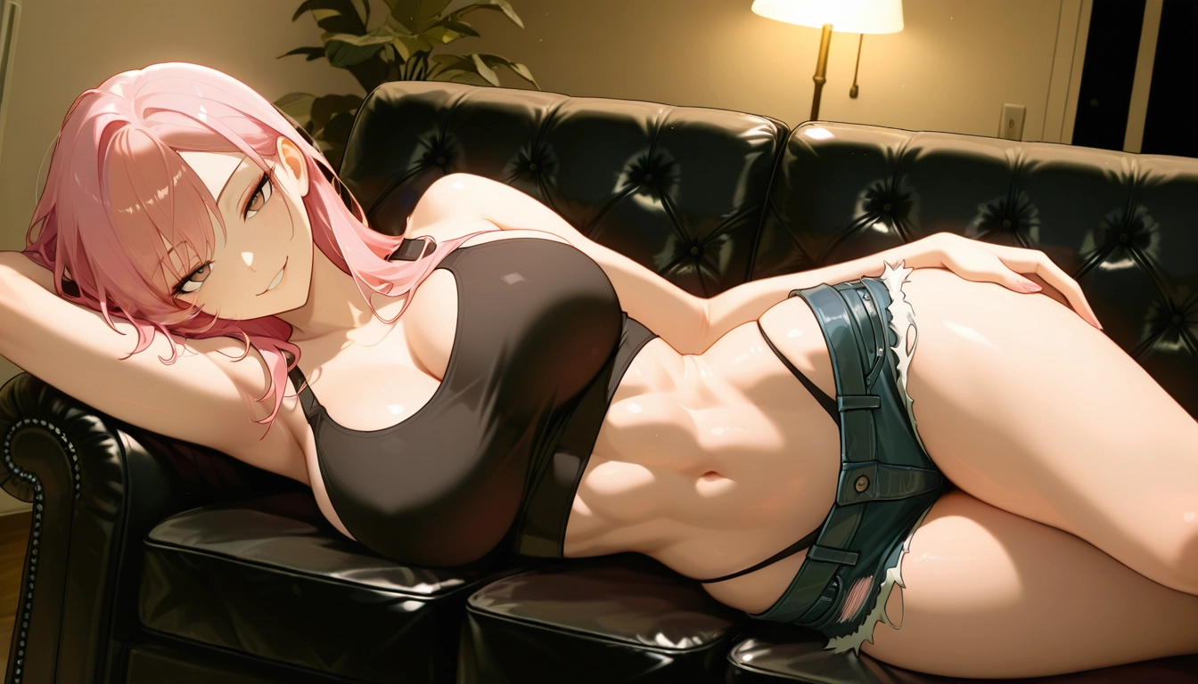 1girl, breasts, couch, solo, blue eyes, shorts · Yamete.gg