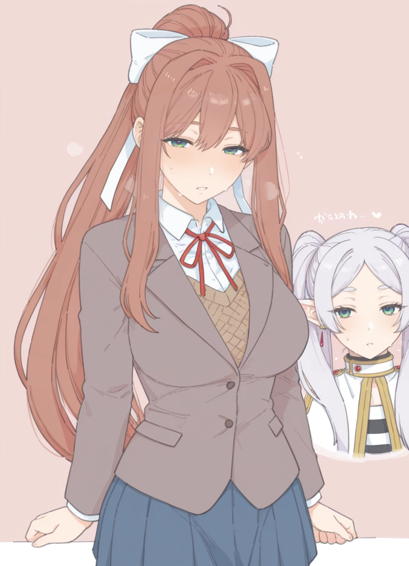 2girls, monika (doki doki literature club), green eyes, multiple girls, school uniform, brown hair · Yamete.gg