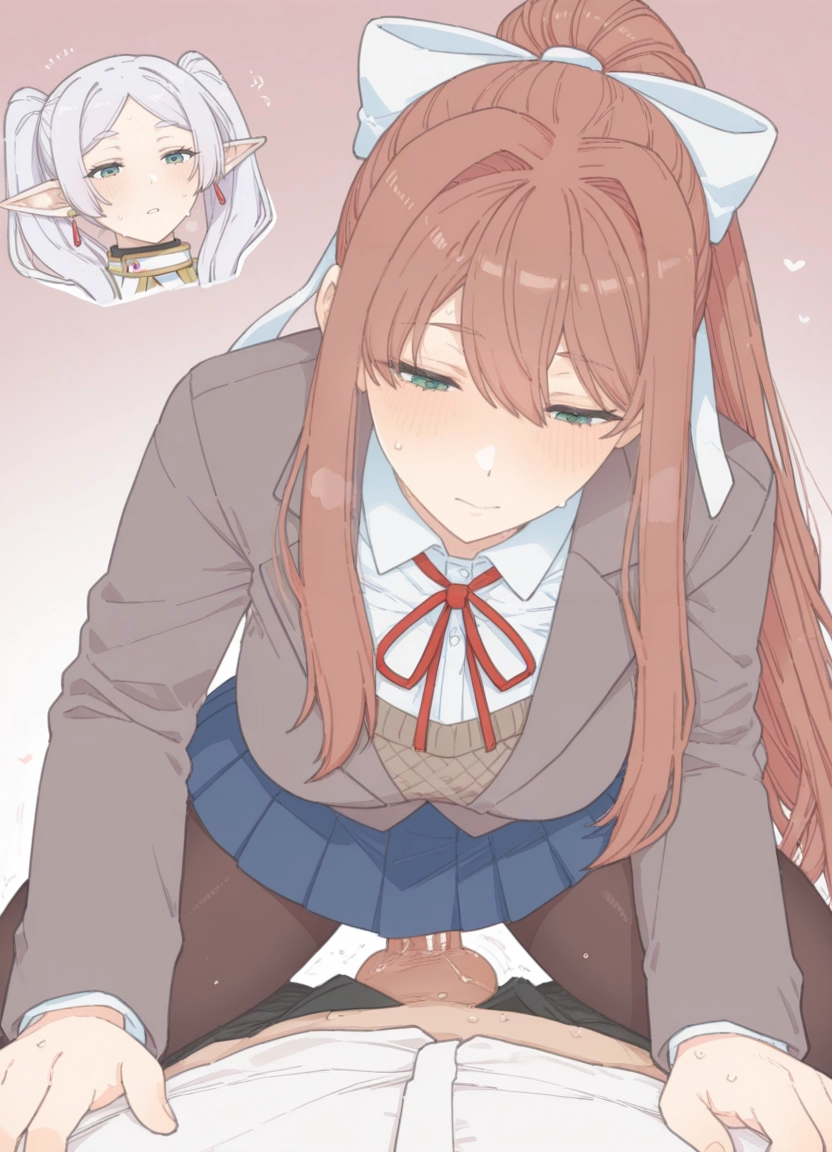 2girls, multiple girls, monika (doki doki literature club), hetero, penis, girl on top · Yamete.gg