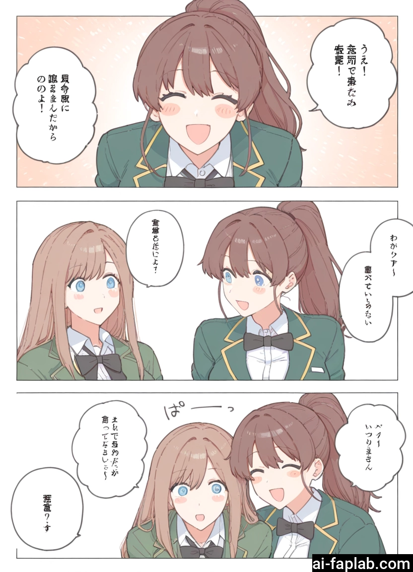 multiple girls, 2girls, comic, brown hair, ponytail, blue eyes