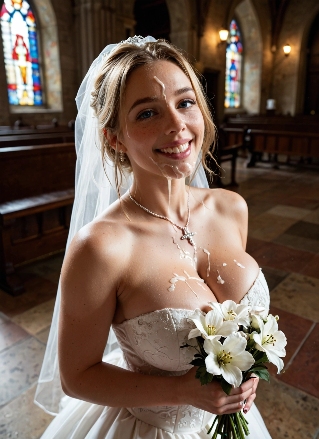 1girl, breasts, dress, cum, flower, wedding dress · Yamete.gg