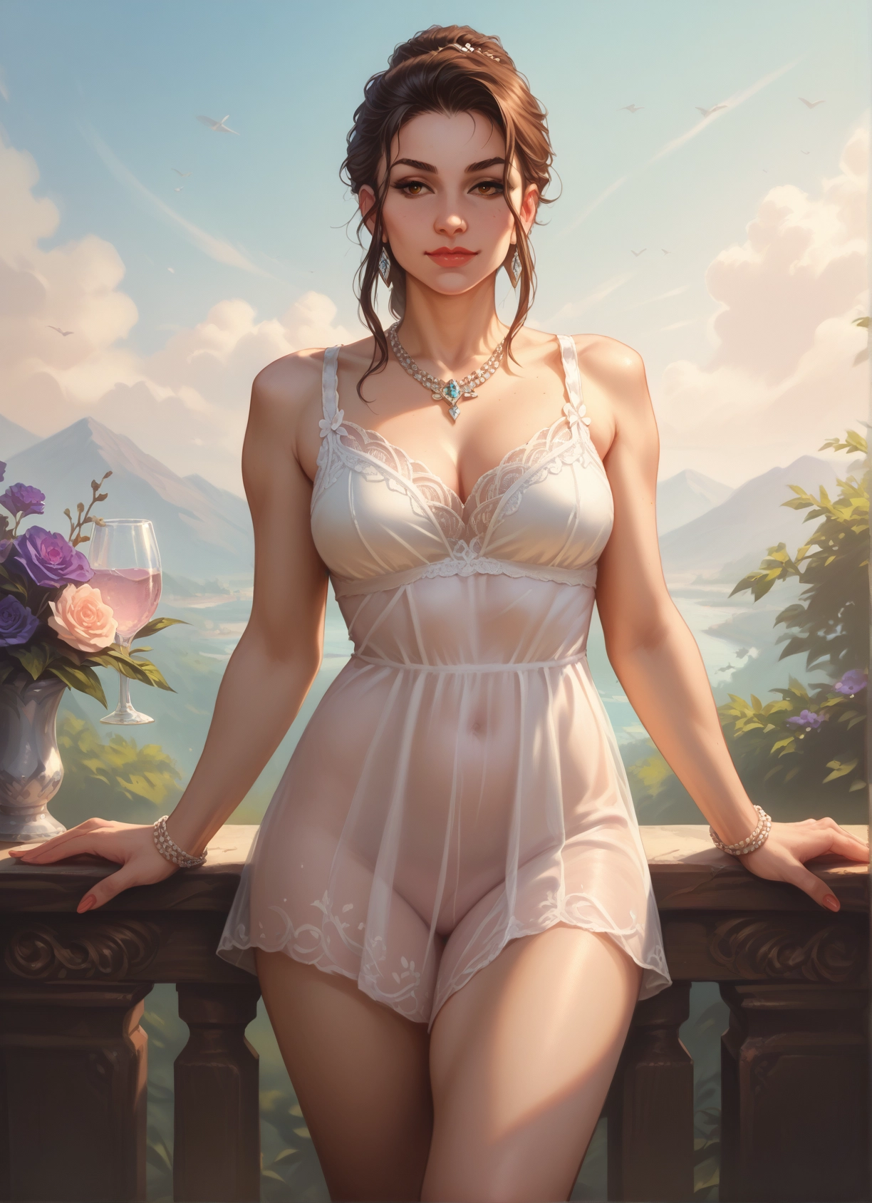 1girl, breasts, jewelry, brown hair, solo, necklace · Yamete.gg