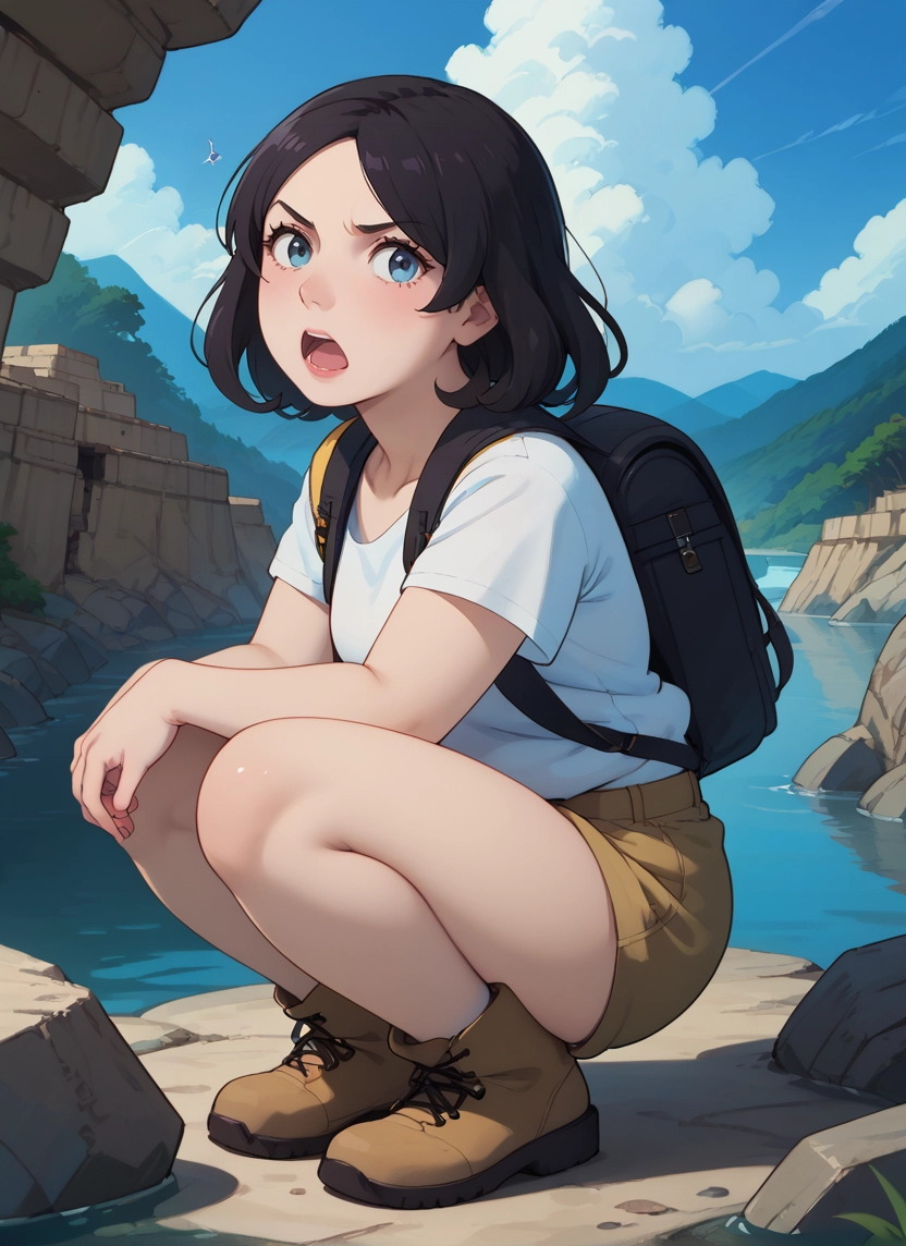 1girl, backpack, blue eyes, shirt, bag, outdoors