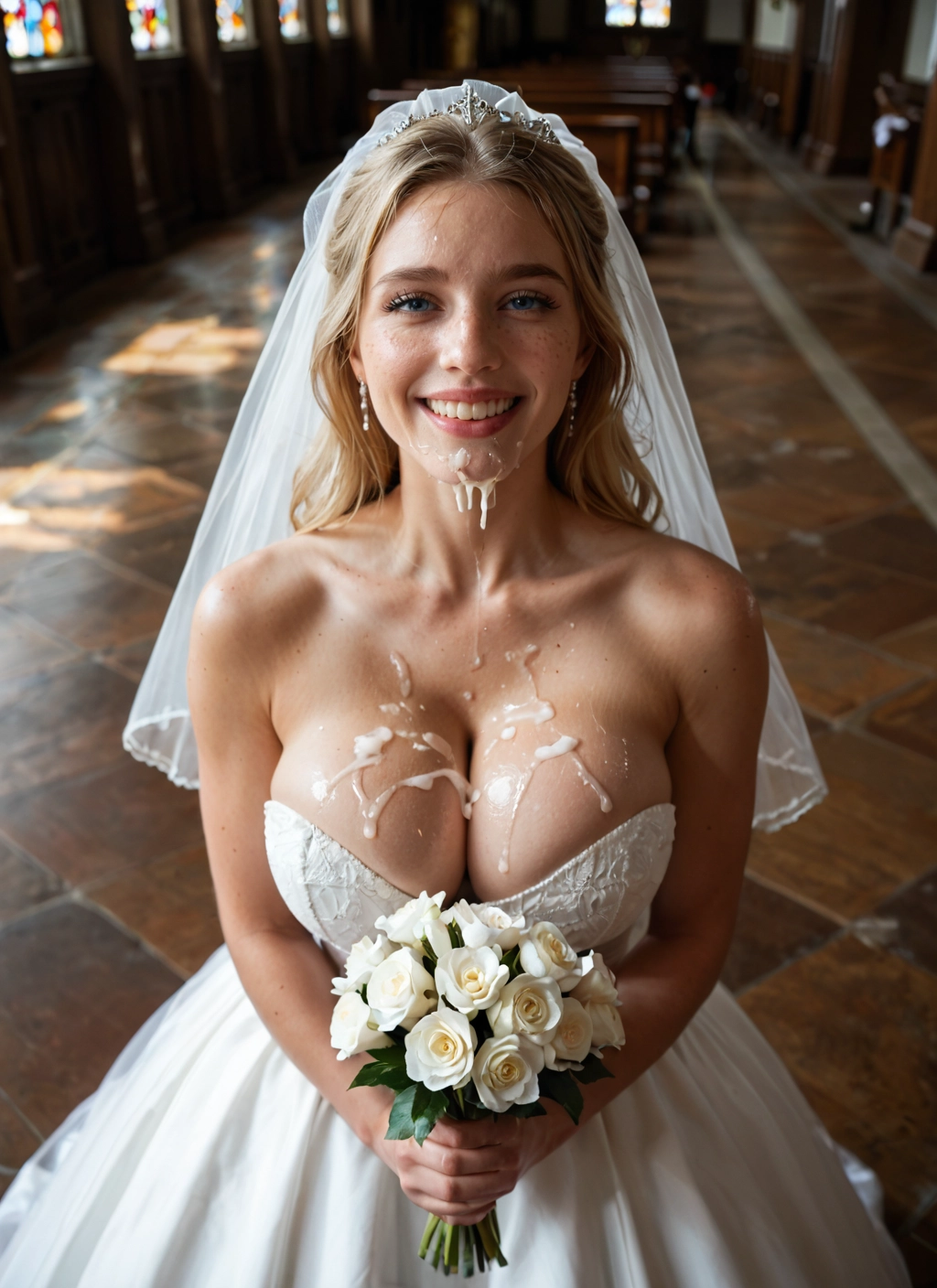 1girl, breasts, dress, cum, flower, wedding dress · Yamete.gg