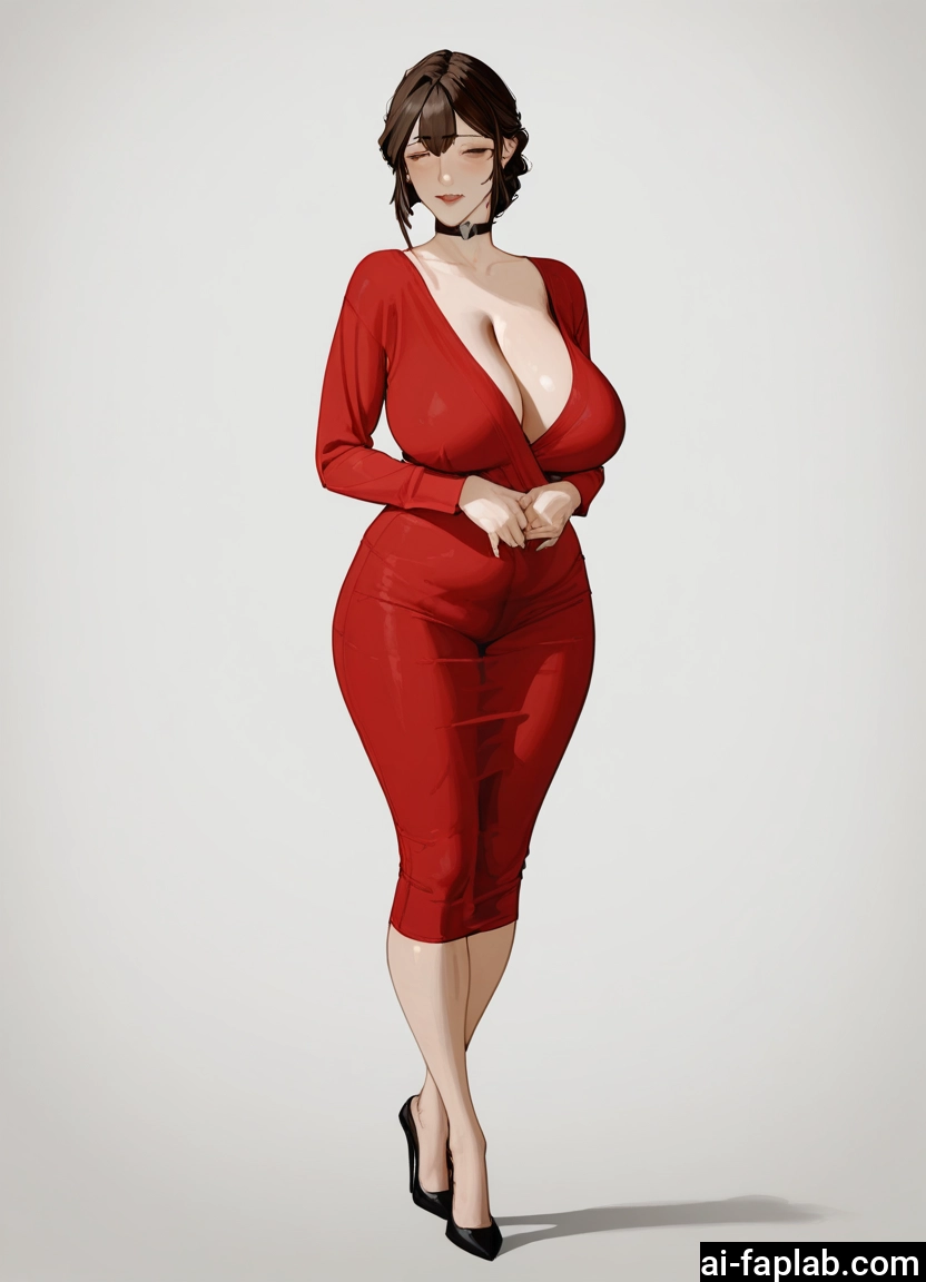 breasts, 1girl, dress, brown hair, cleavage, choker · Yamete.gg