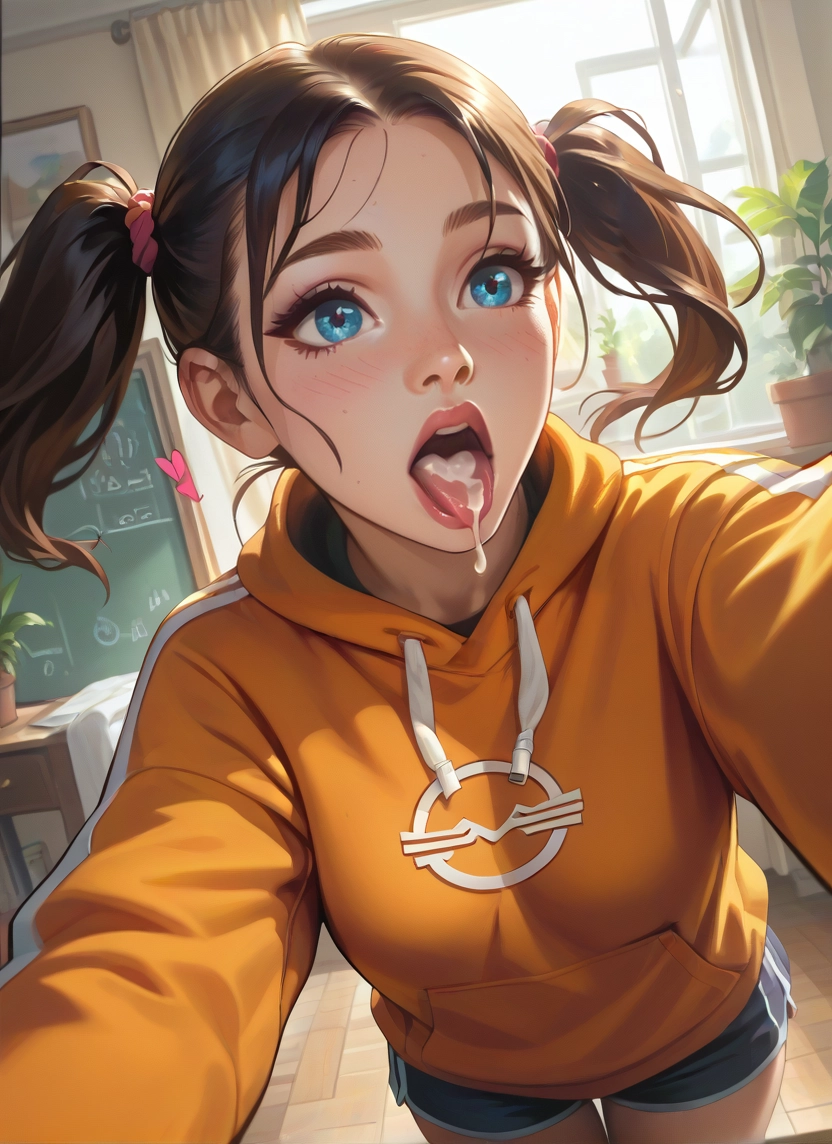 1girl, twintails, blue eyes, cum, solo, shorts · Yamete.gg