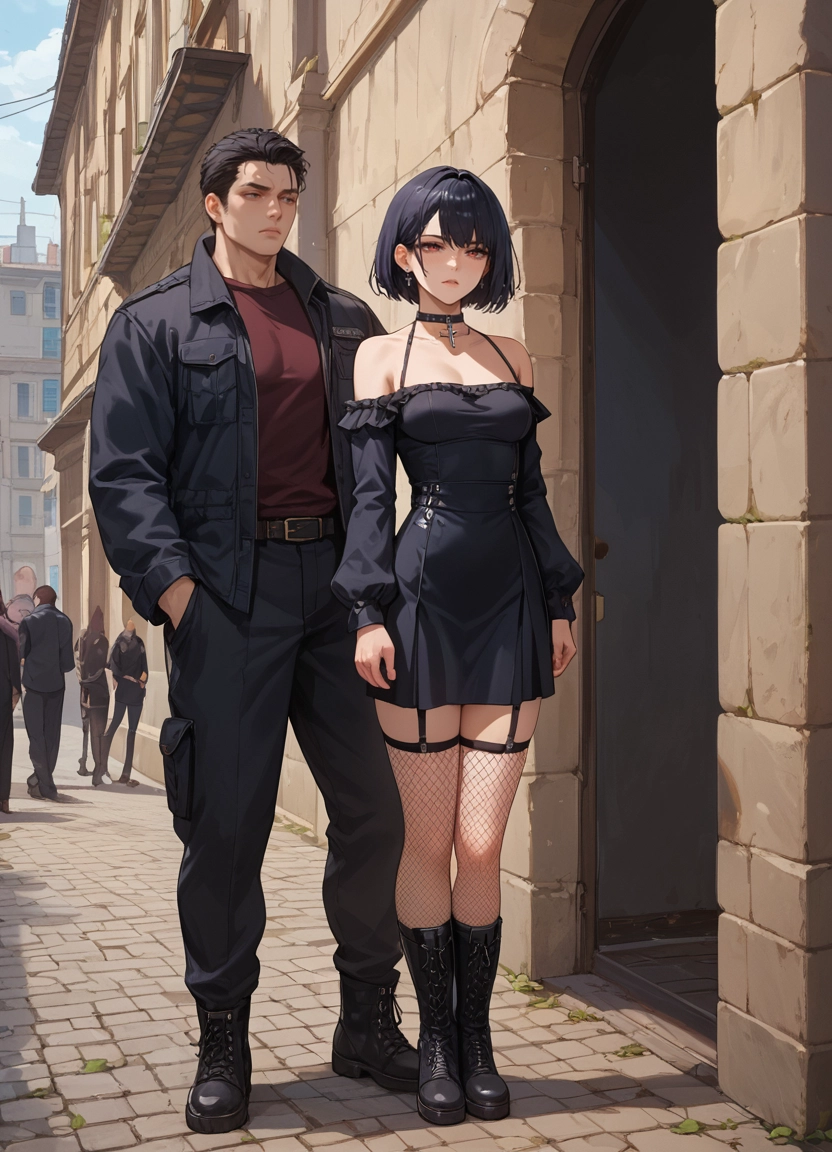 fishnets, pants, choker, jacket, red shirt, black hair
