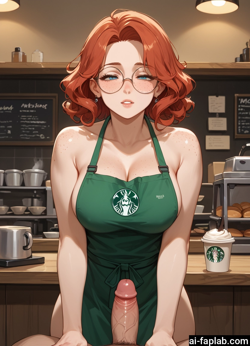1girl, breasts, penis, freckles, apron, naked apron