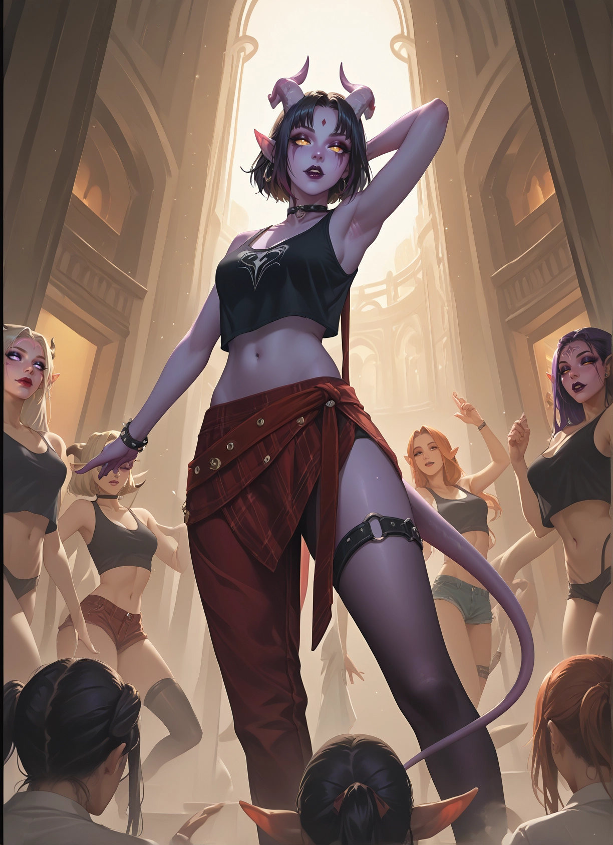 multiple girls, horns, tail, colored skin, armpits, navel · Yamete.gg
