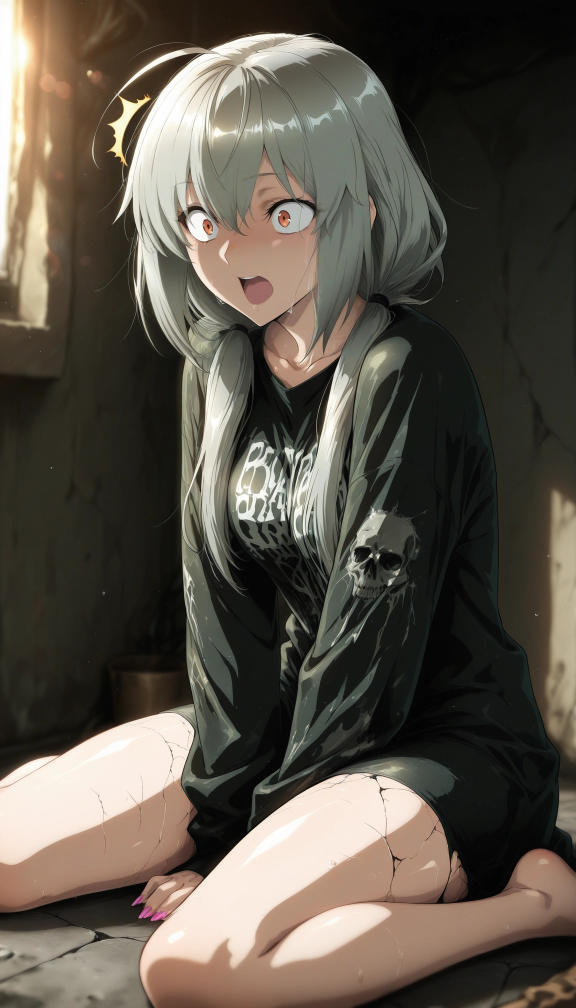 1girl, solo, sitting, open mouth, wariza, long hair · Yamete.gg