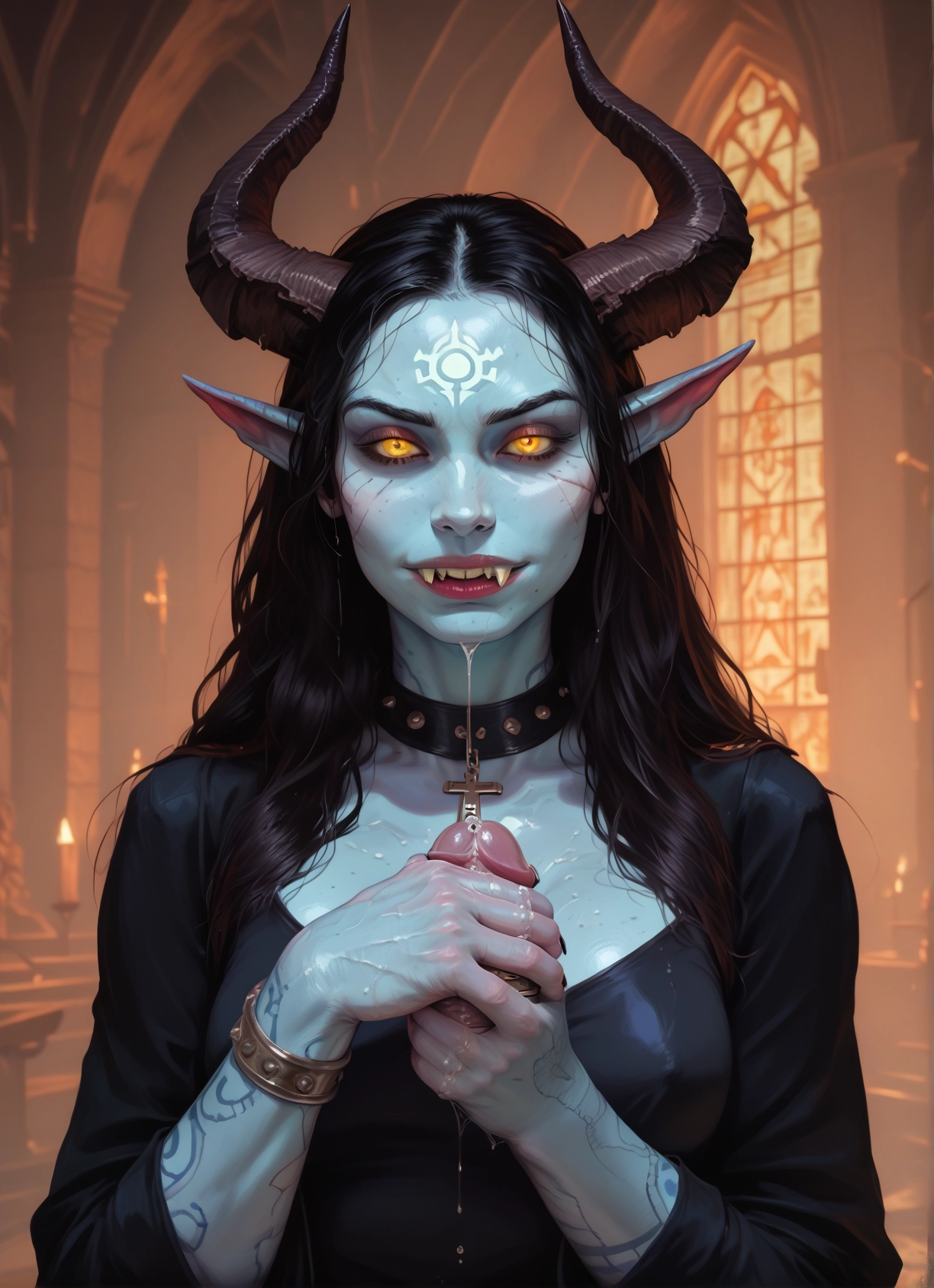 1girl, horns, black hair, colored skin, pointy ears, penis · Yamete.gg