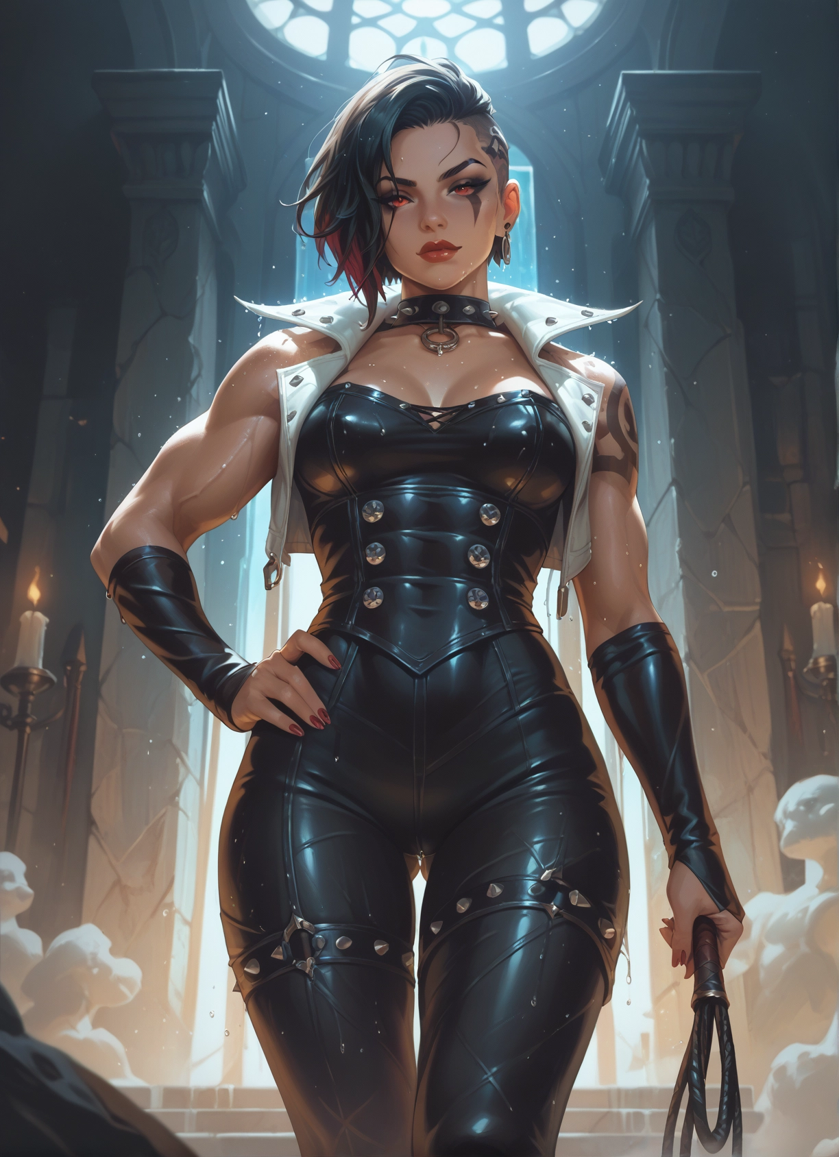 1girl, breasts, whip, hand on hip, tattoo, jewelry · Yamete.gg