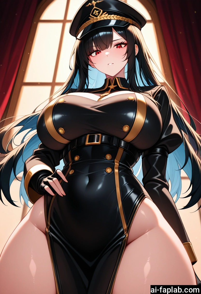 1girl, breasts, red eyes, long hair, black hair, hat · Yamete.gg