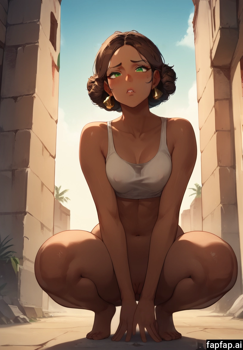 1girl, solo, breasts, squatting, green eyes, brown hair · Yamete.gg