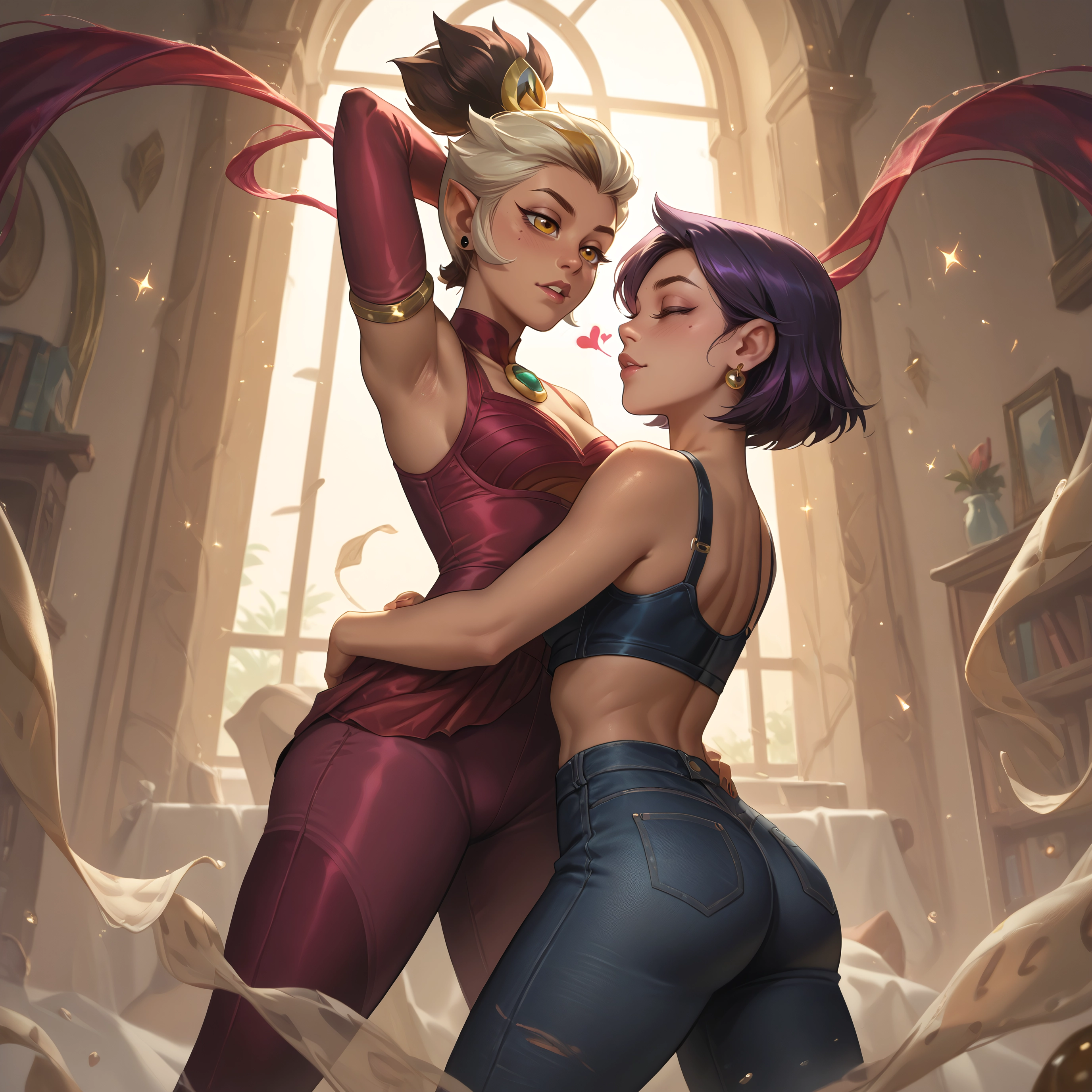 multiple girls, 2girls, yuri, jewelry, pants, ass · Yamete.gg