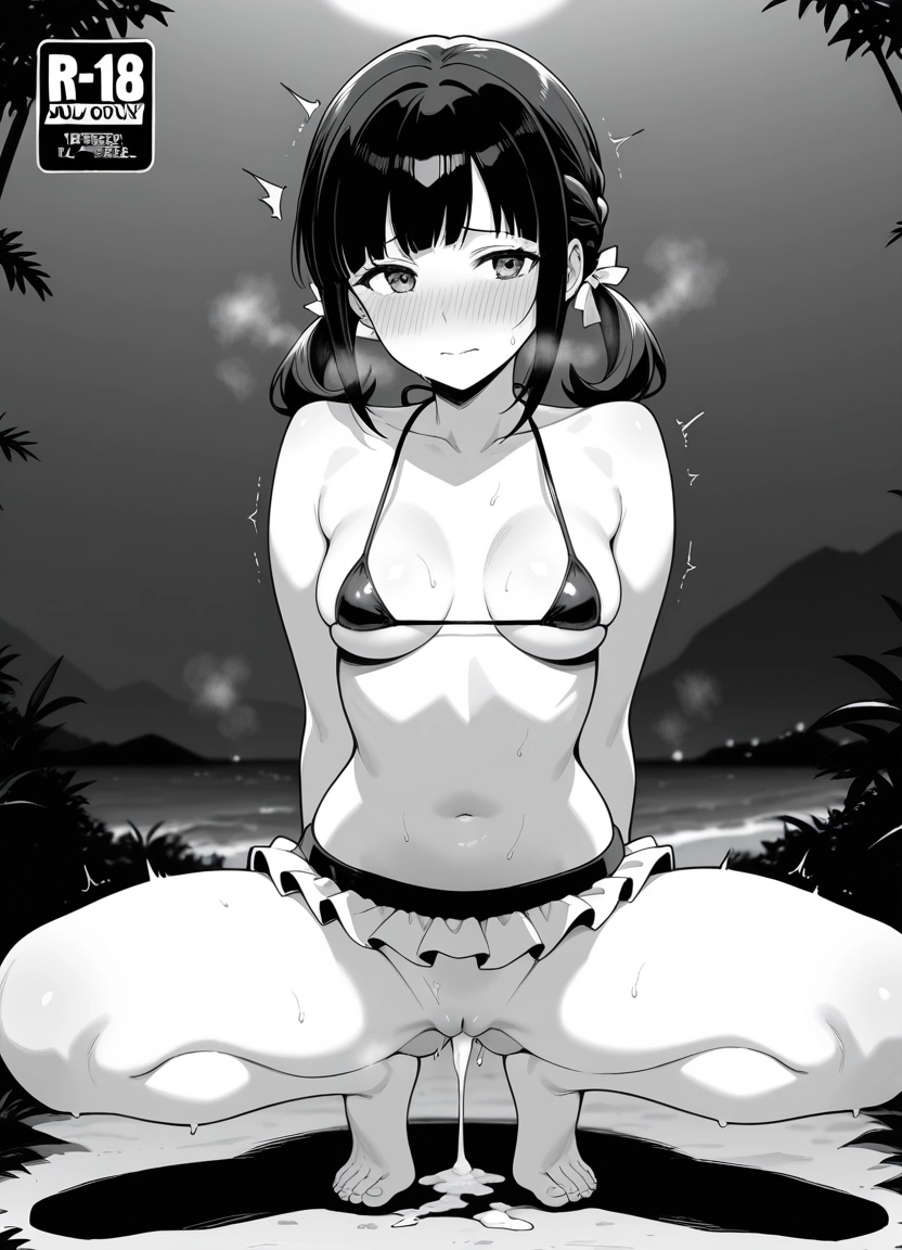 1girl, swimsuit, solo, greyscale, bikini, monochrome · Yamete.gg