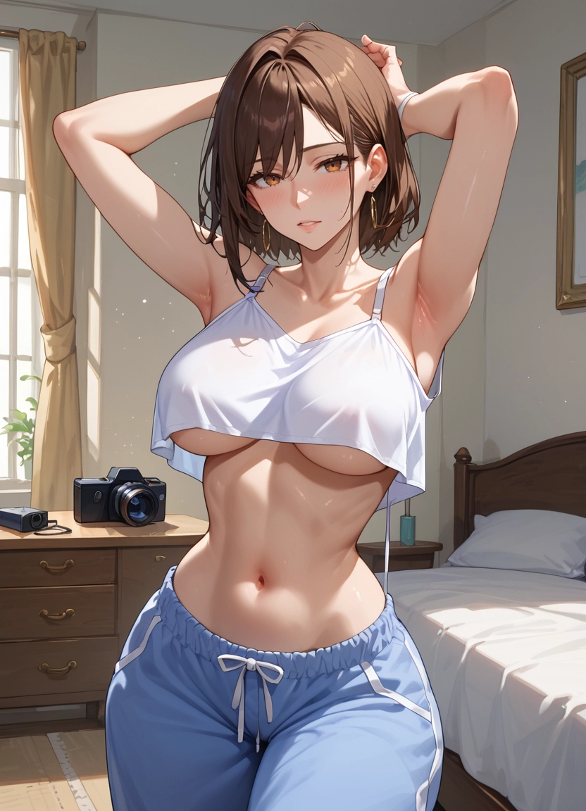 1girl, large breasts, breasts, navel, brown hair, armpits · Yamete.gg
