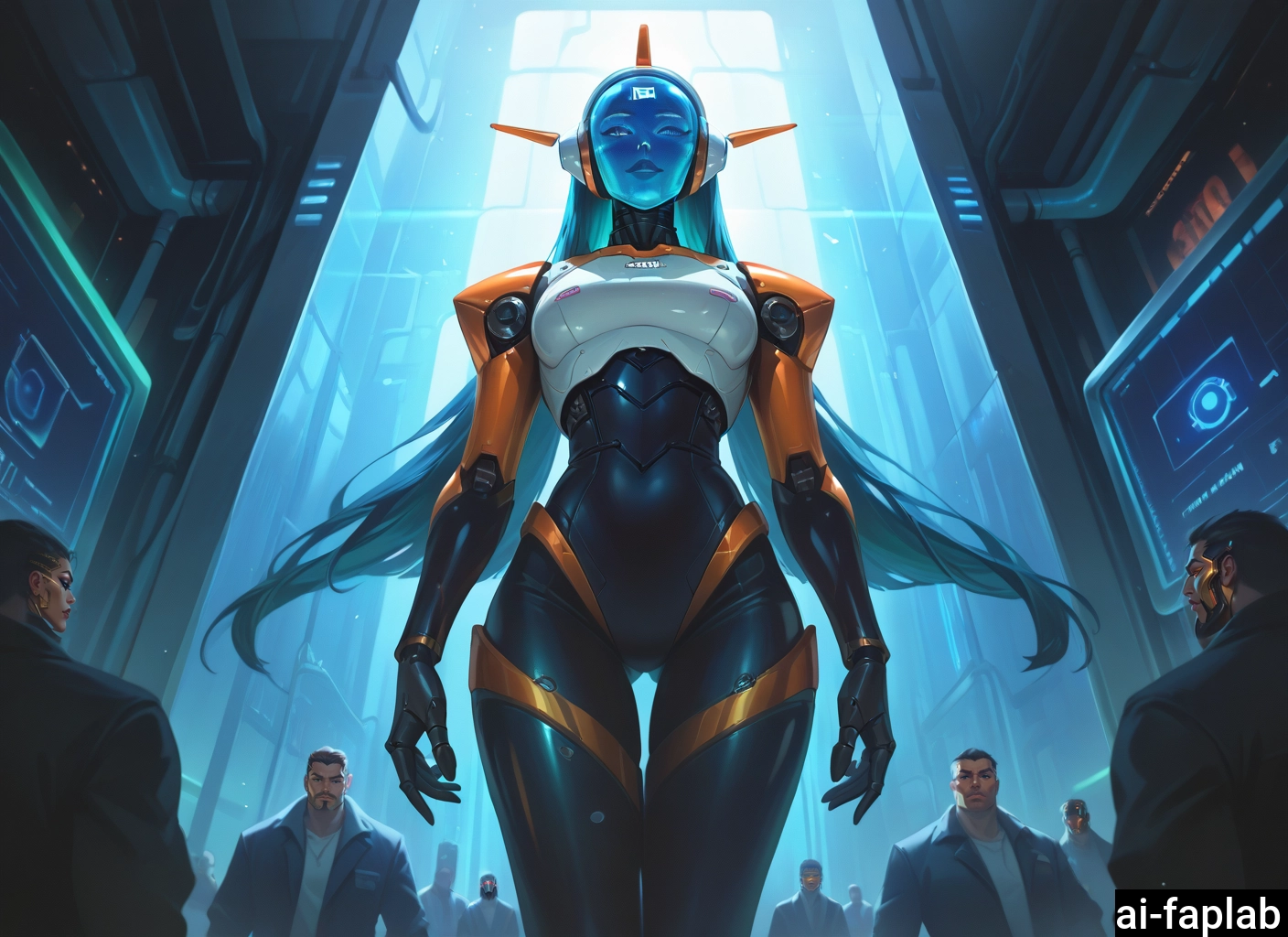 multiple boys, 1girl, long hair, android, science fiction, thigh gap · Yamete.gg