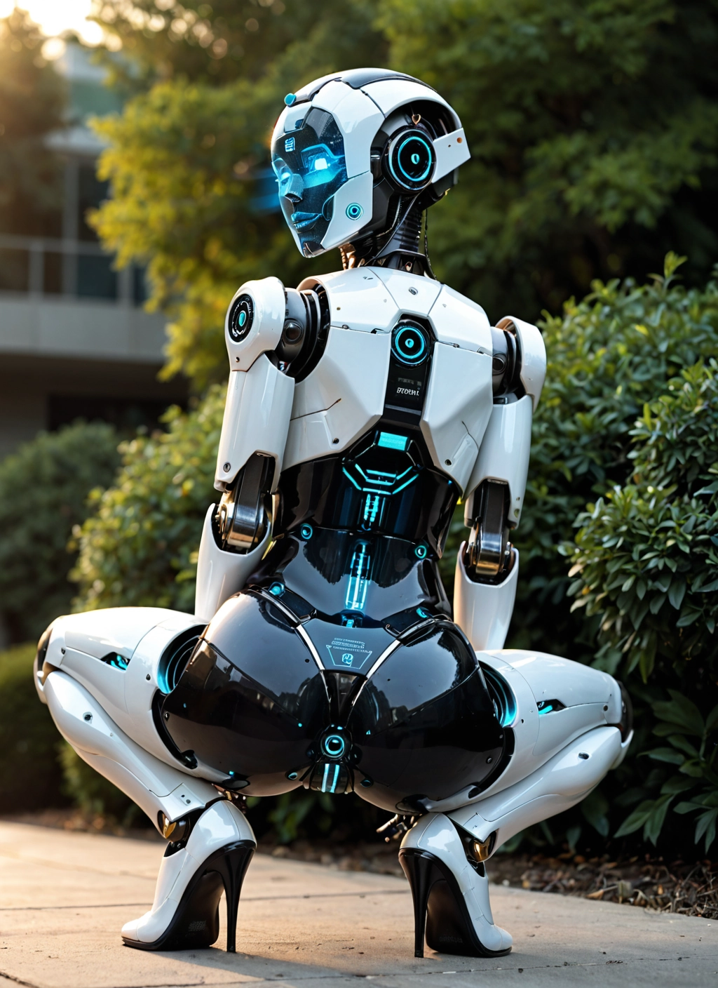 1girl, squatting, solo, high heels, ass, robot joints