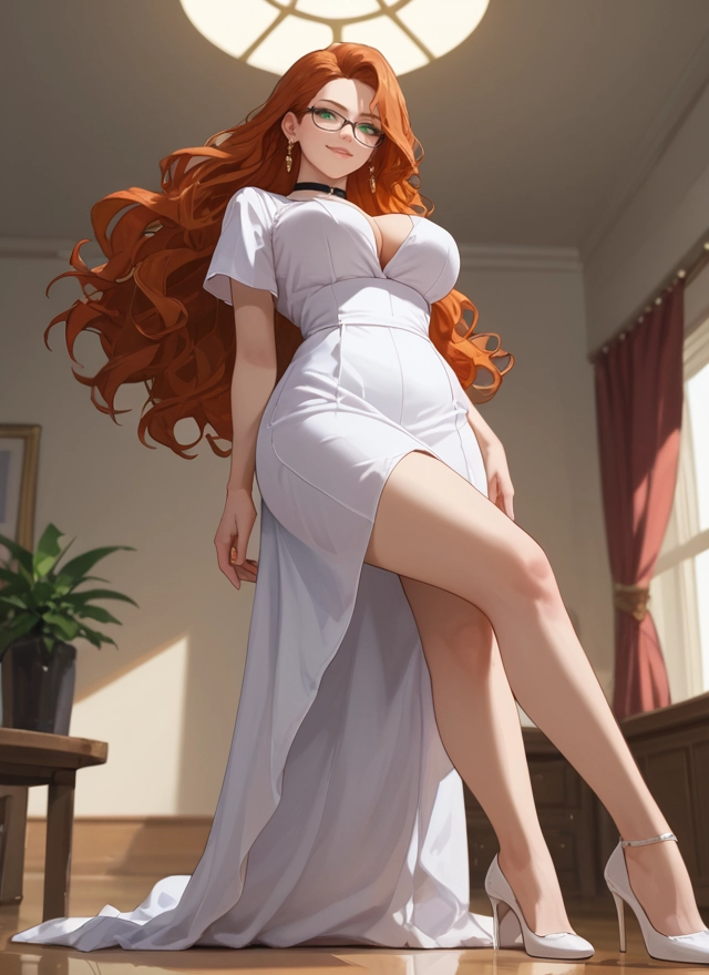 1girl, breasts, glasses, dress, long hair, high heels