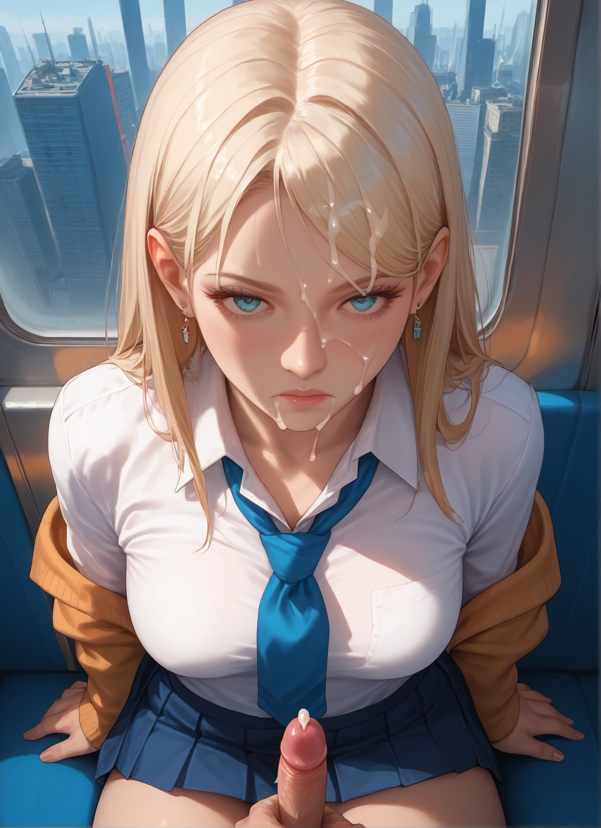 1girl, hetero, penis, 1boy, blonde hair, cum