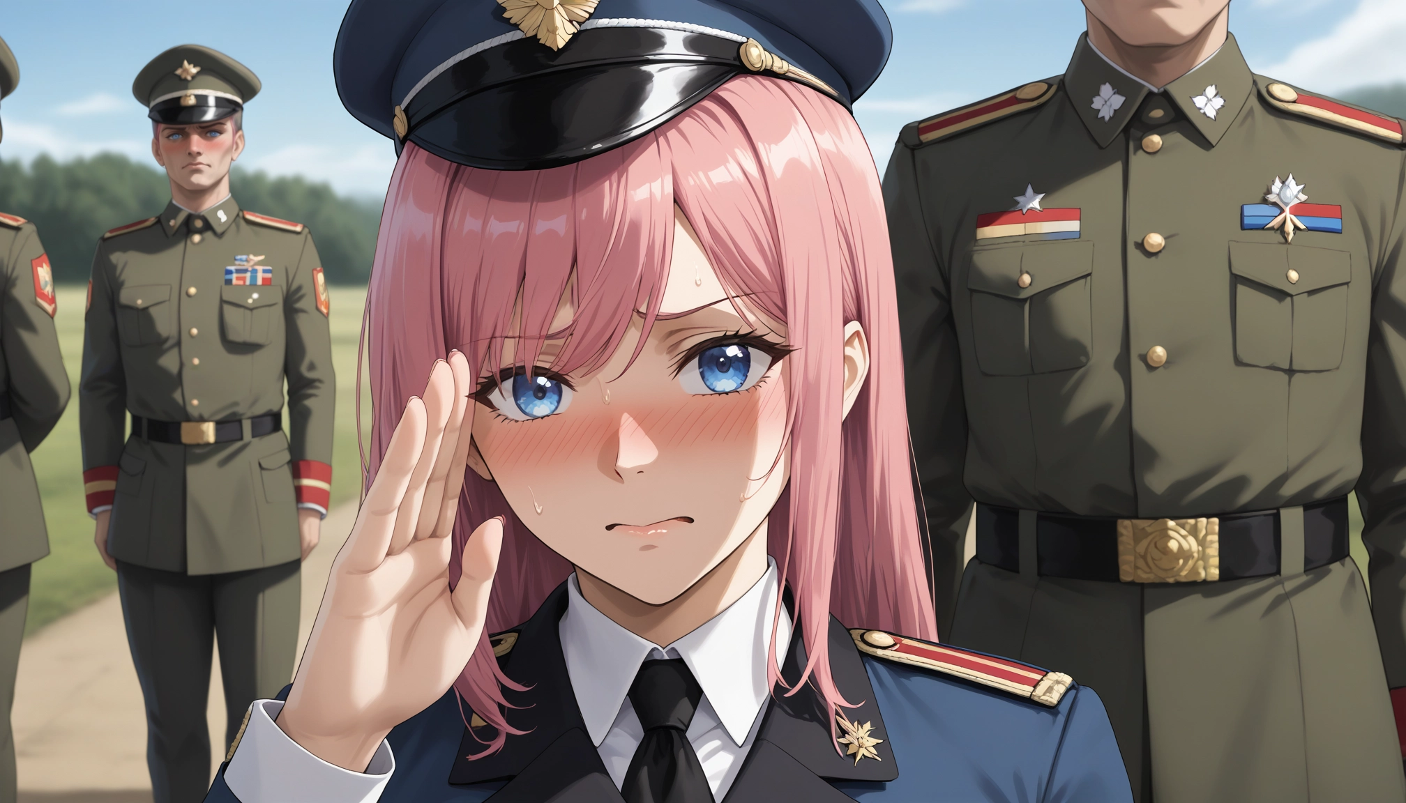 blue eyes, uniform, pink hair, hat, military uniform, military hat · Yamete.gg