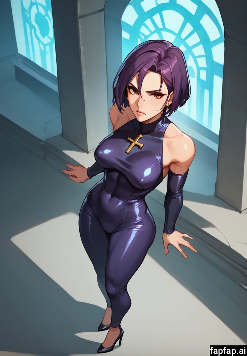 1girl, solo, breasts, high heels, skin tight, purple hair · Yamete.gg