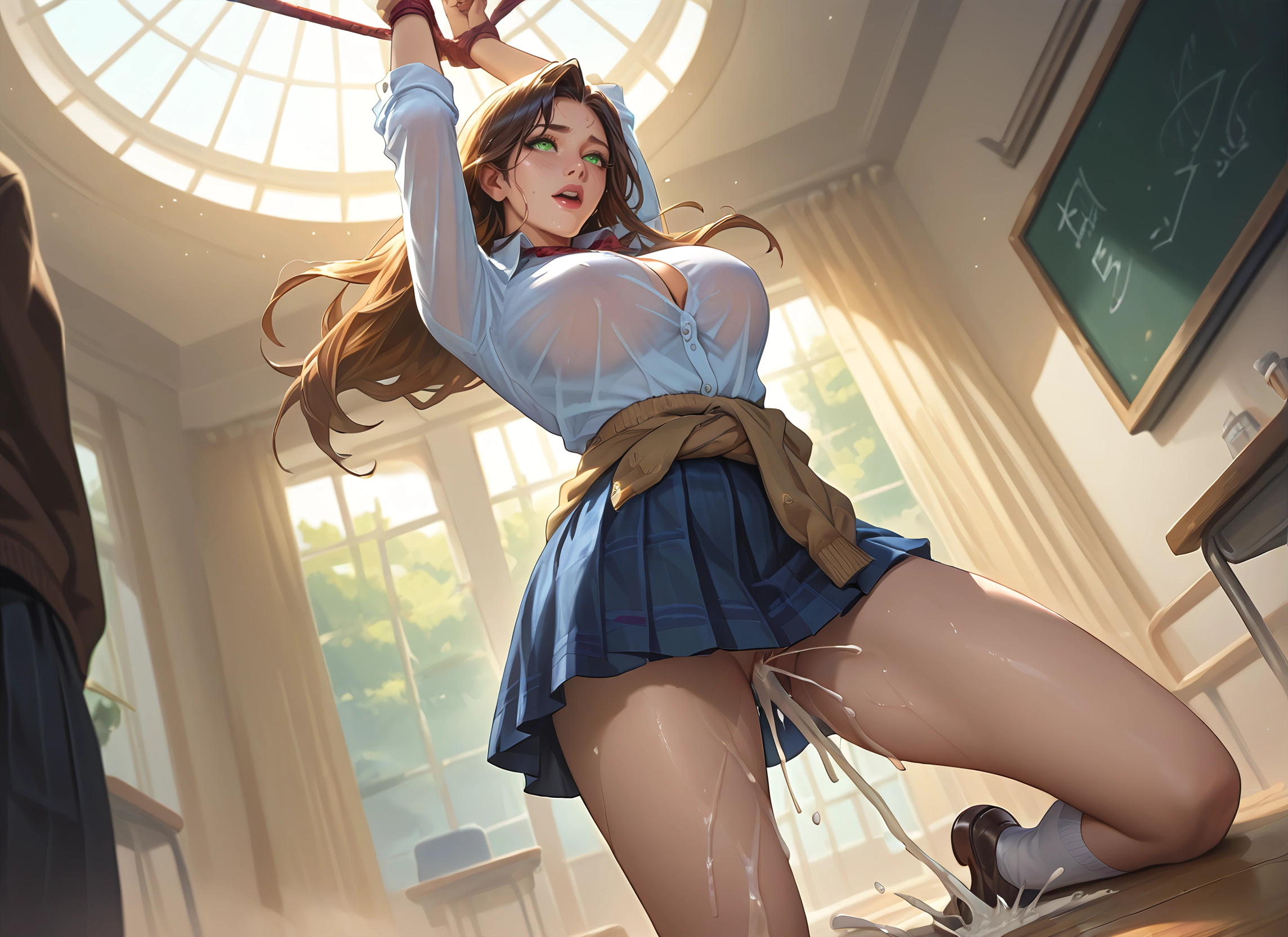 breasts, skirt, green eyes, cum, 1girl, large breasts · Yamete.gg