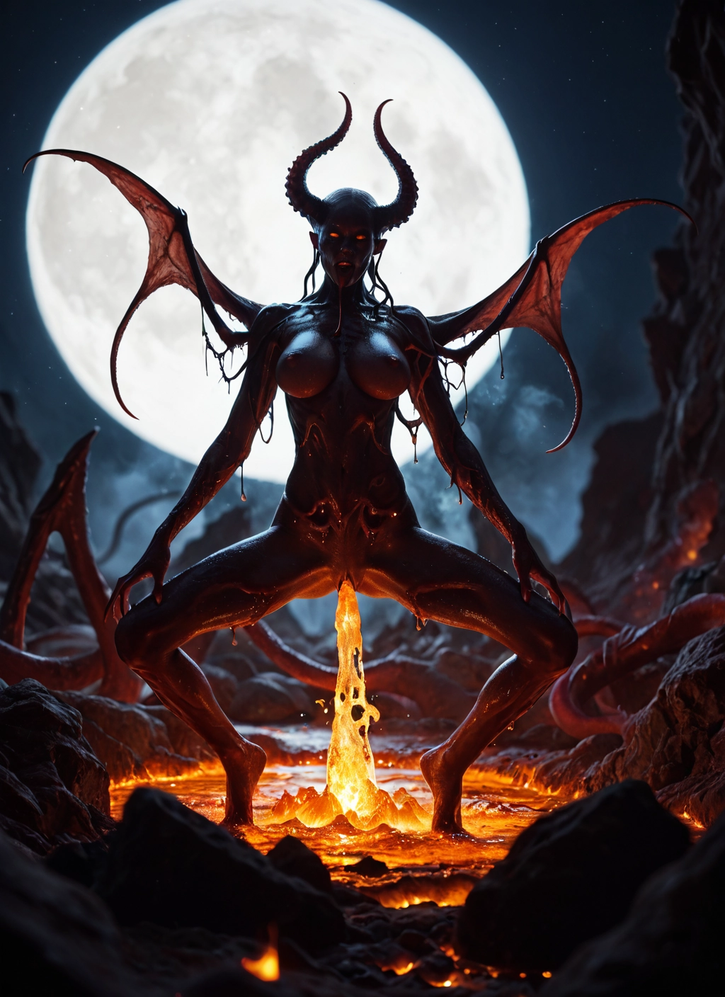 1girl, horns, wings, moon, breasts, solo · Yamete.gg