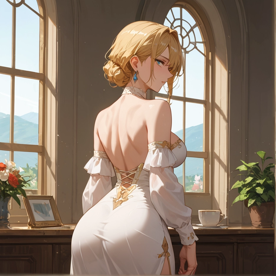 1girl, ass, dress, blonde hair, jewelry, earrings · Yamete.gg