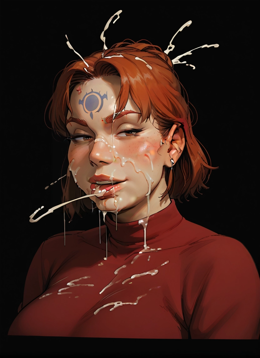 1girl, facial, solo, cum, earrings, brown hair