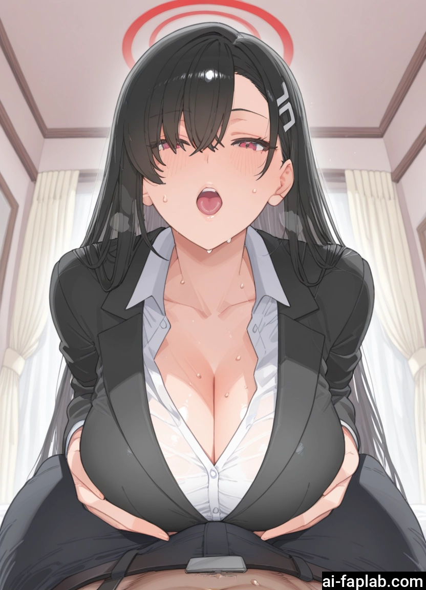 breasts, 1girl, black hair, 1boy, open mouth, cleavage · Yamete.gg