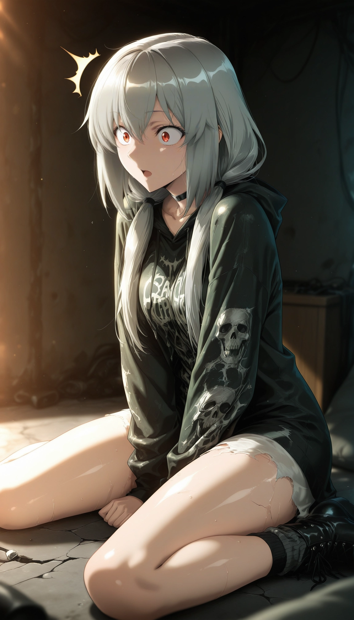 1girl, sitting, solo, shorts, hood, choker · Yamete.gg