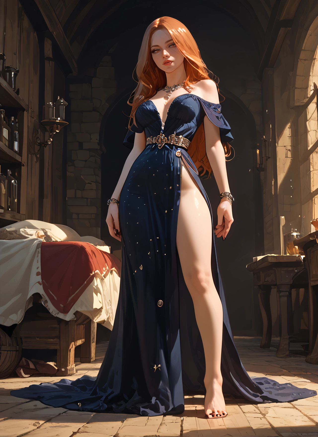 1girl, long hair, dress, barefoot, jewelry, solo · Yamete.gg