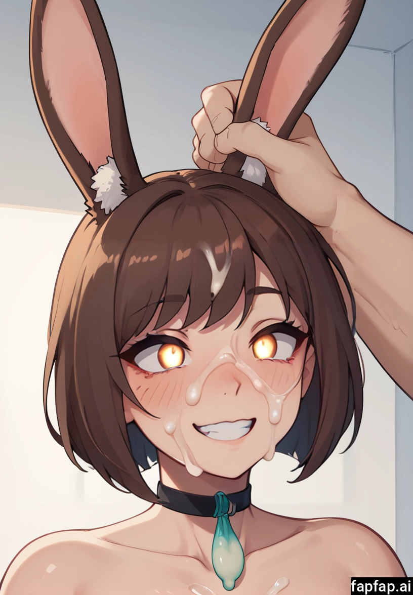 1girl, animal ears, cum, brown hair, smile, rabbit ears
