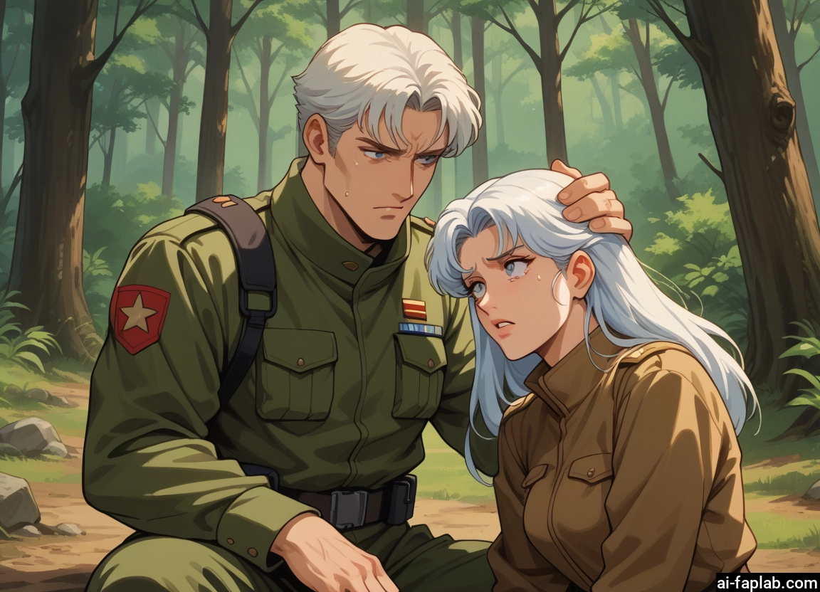 1girl, 1boy, long hair, nature, forest, military