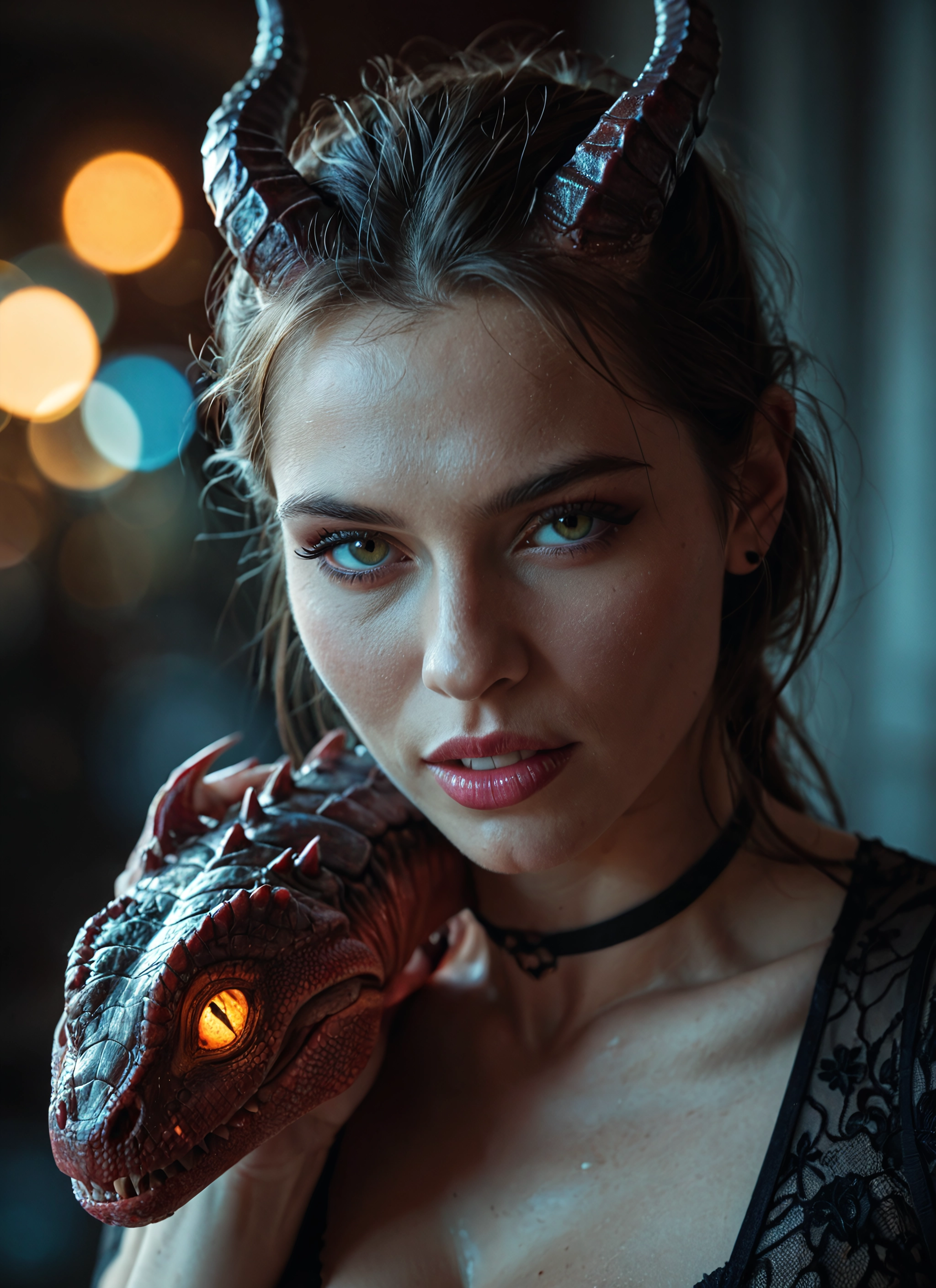1girl, horns, choker, solo, looking at viewer, jewelry · Yamete.gg