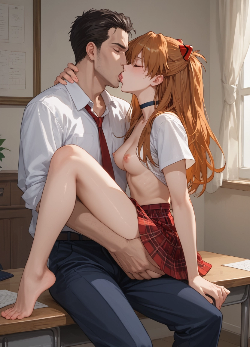 1girl, souryuu asuka langley, kiss, breasts, 1boy, nipples
