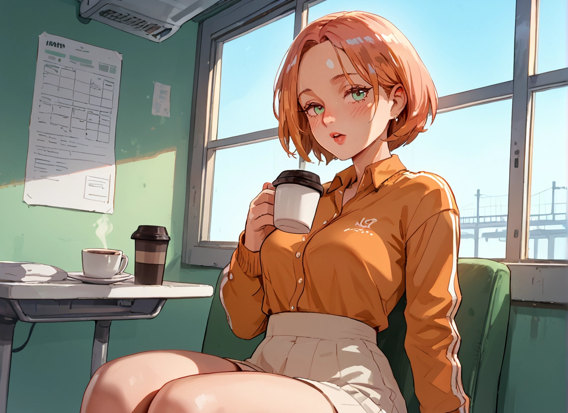 1girl, skirt, solo, cup, short hair, sitting · Yamete.gg
