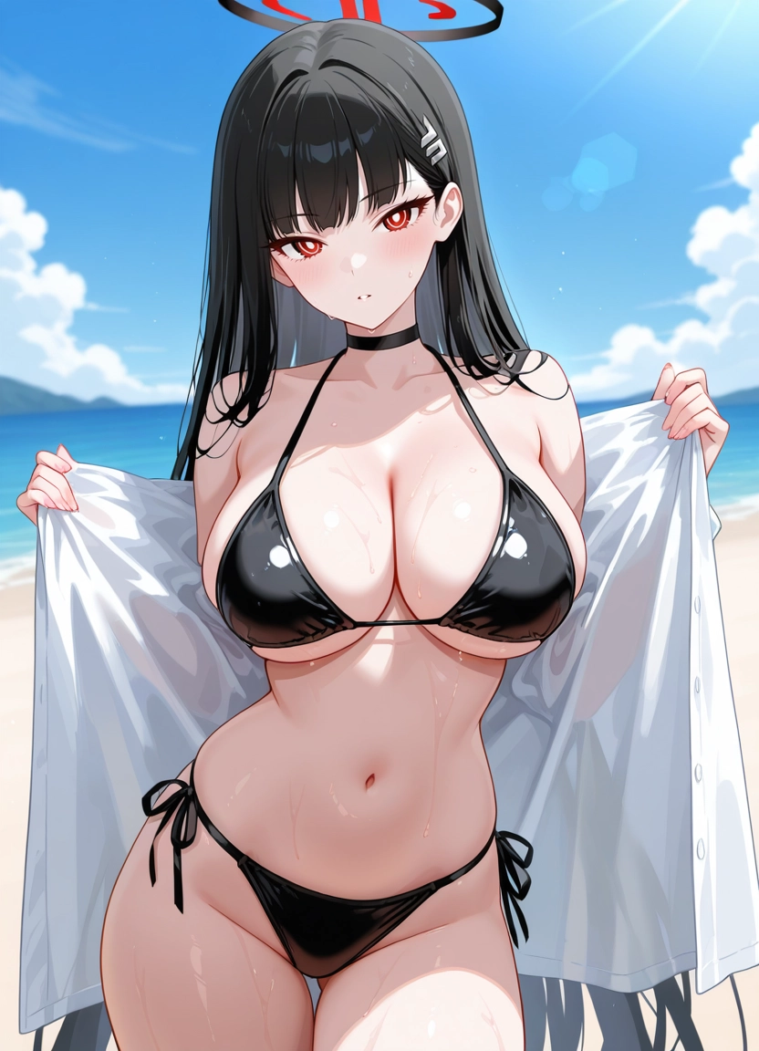 1girl, solo, black hair, swimsuit, halo, breasts · Yamete.gg