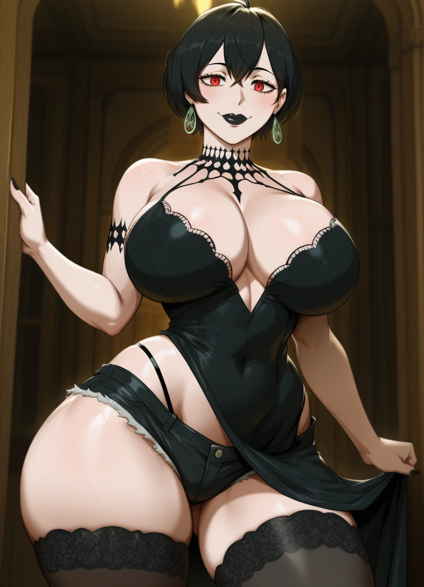 1girl, breasts, black lips, thighhighs, thighs, solo · Yamete.gg