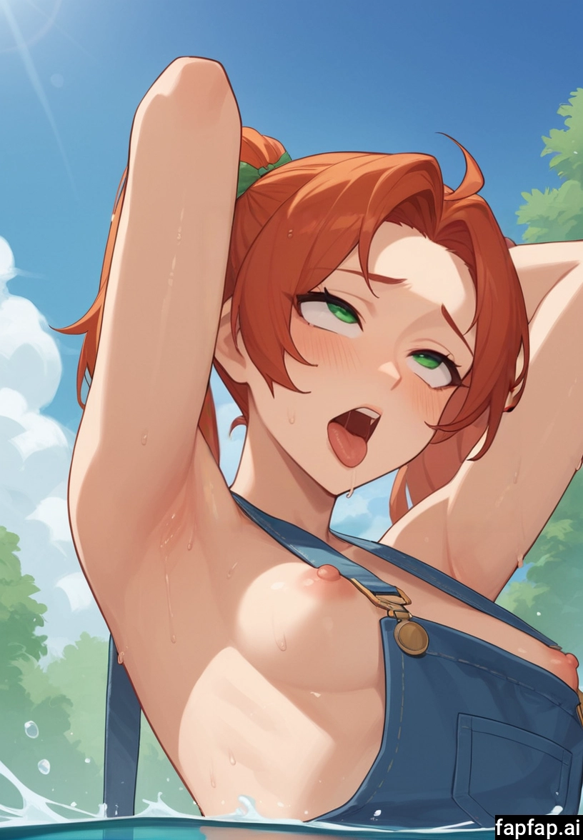 1girl, breasts, nipples, overalls, solo, tongue
