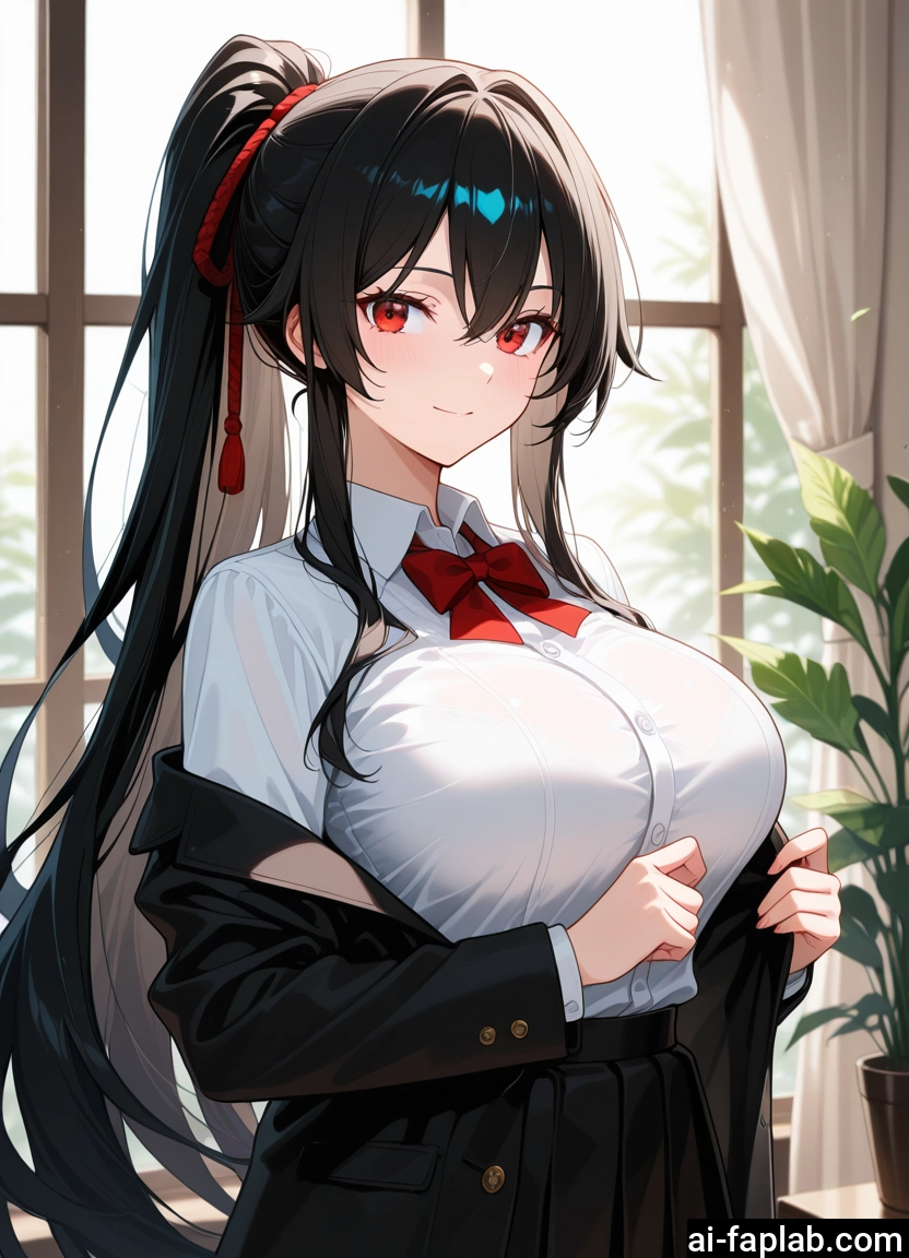 1girl, breasts, long hair, skirt, red eyes, solo