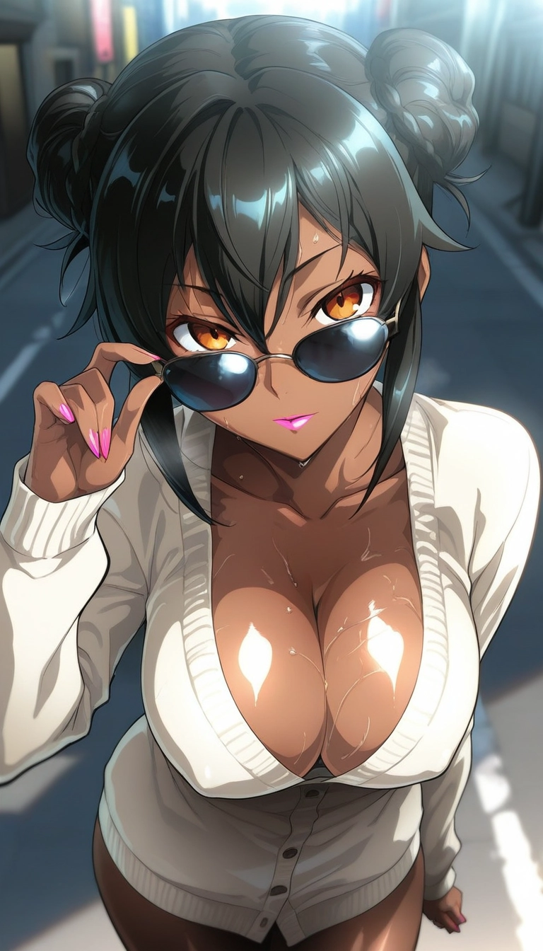 1girl, breasts, solo, red eyes, cleavage, dark-skinned female · Yamete.gg